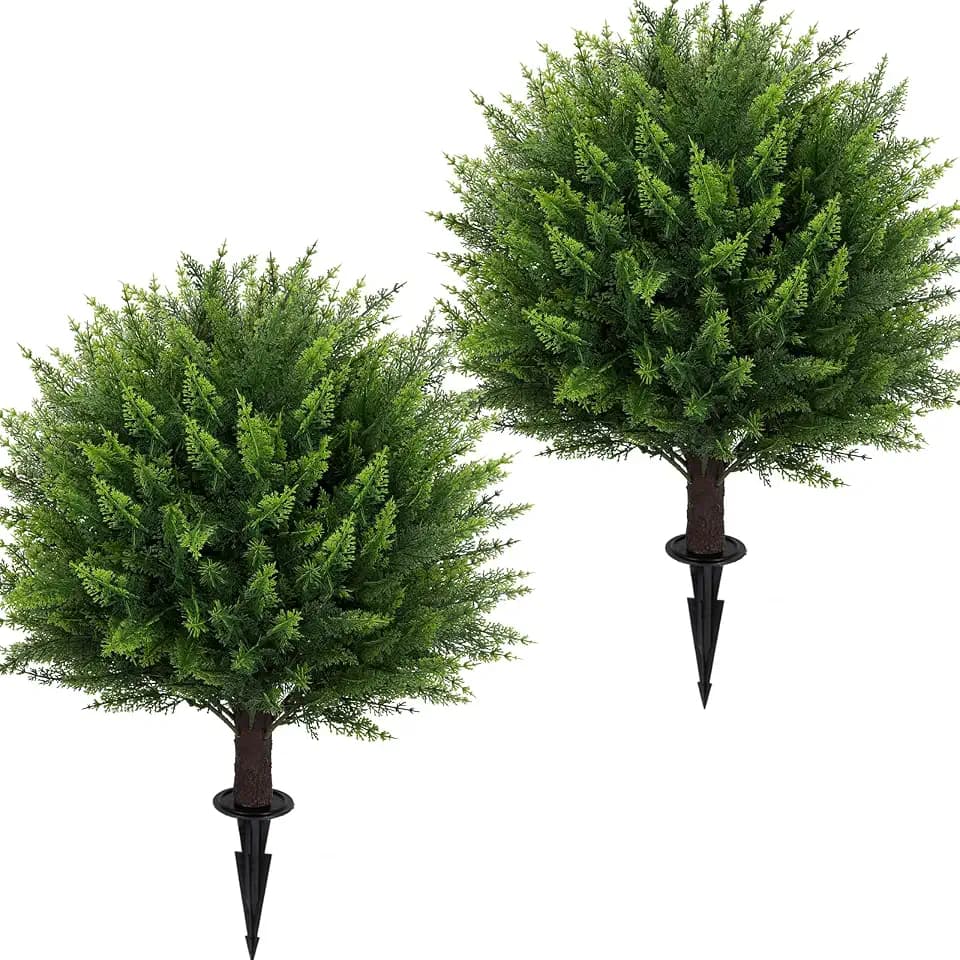 Set of 2 Artificial Cedar Topiary Ball Tree,23" with Ground Spike