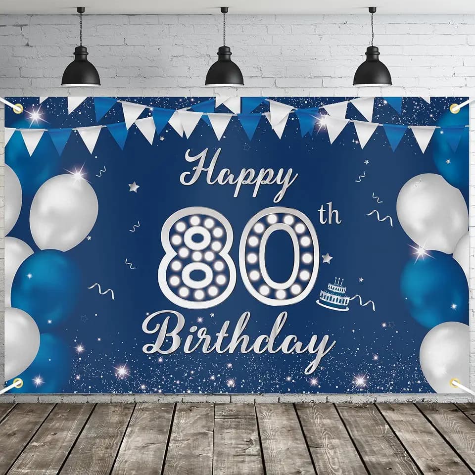 JOYKY Happy 80th Birthday Banner, Blue Silver Happy 80th Birthday Party Decorations for Men, 80 Year Old Birthday Supplies Backdrop Décor, 5.9 X 3.8 Fts