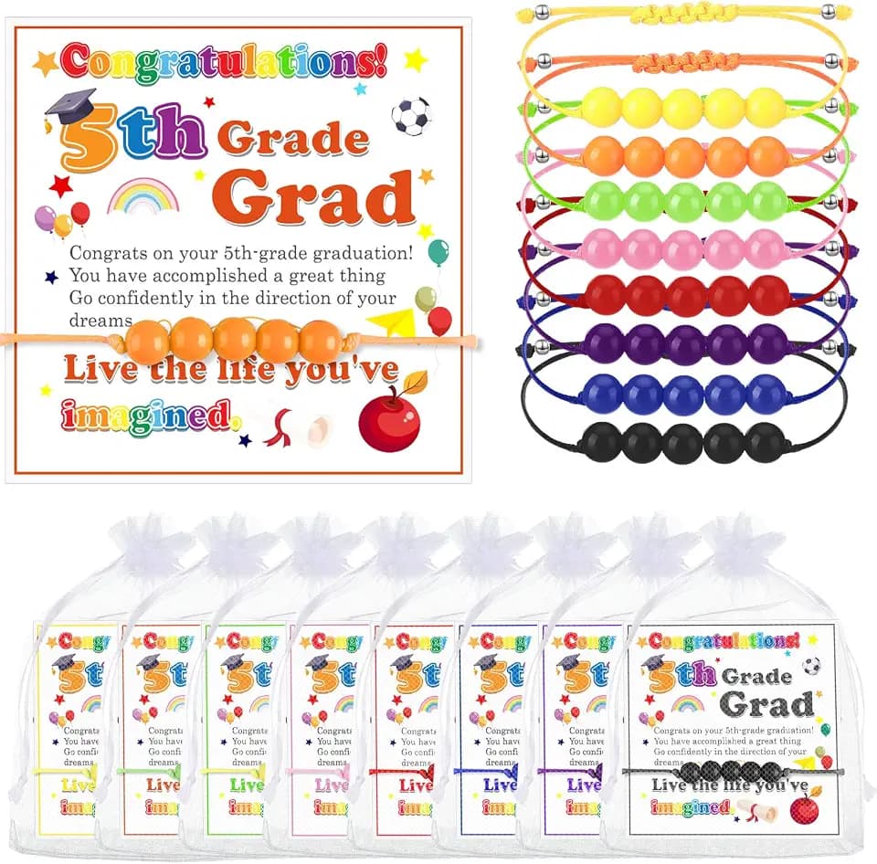 Rtteri 24 Set 5th Grade Graduation Gift Friendship Bracelet End of Year Student Gifts Adjustable Rainbow 2026 Beaded Bracelet with Inspirational Card for Elementary 5th Graduation Exchange Girls Boys