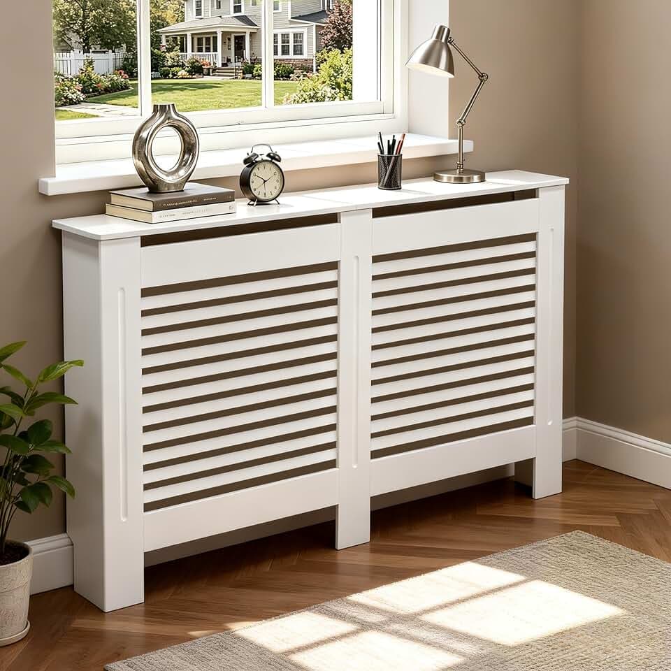 FATIVO 152×19×92 cm Heizkörperverkleidung Weiß Horizontal Holz MDF
