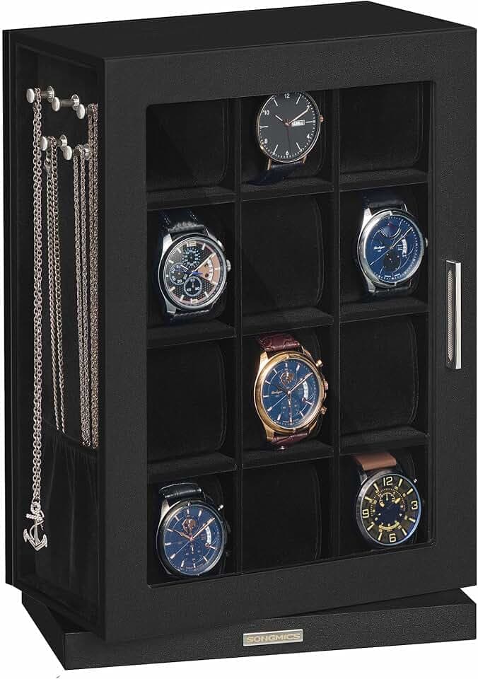 SONGMICS Vertical Rotating Watch Box, Glass Window, 12 Slots