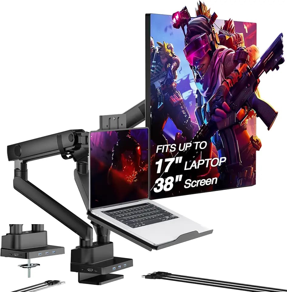 AVLT Laptop & Monitor Arm Desk Mount for 17-38" Screens, USB-C Dock - Black