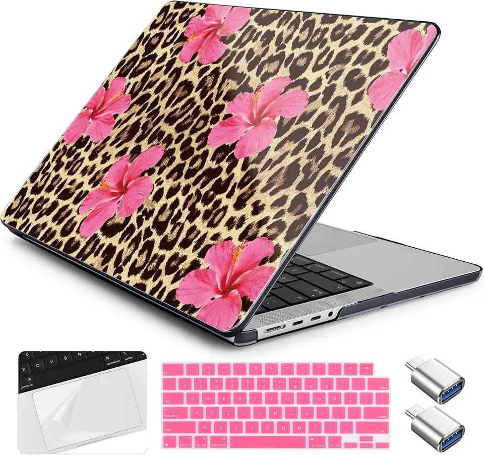 Case for MacBook Pro 16 inch M5 M4 M3 M2 M1 Pro/max 2026 2025-2021 A3429 A3428 A3403 A3186 A2991 A2780 A2485, Plastic Hard Shell & Keyboard Cover &Trackpad Protector&2 OTG, Leopard Flowers