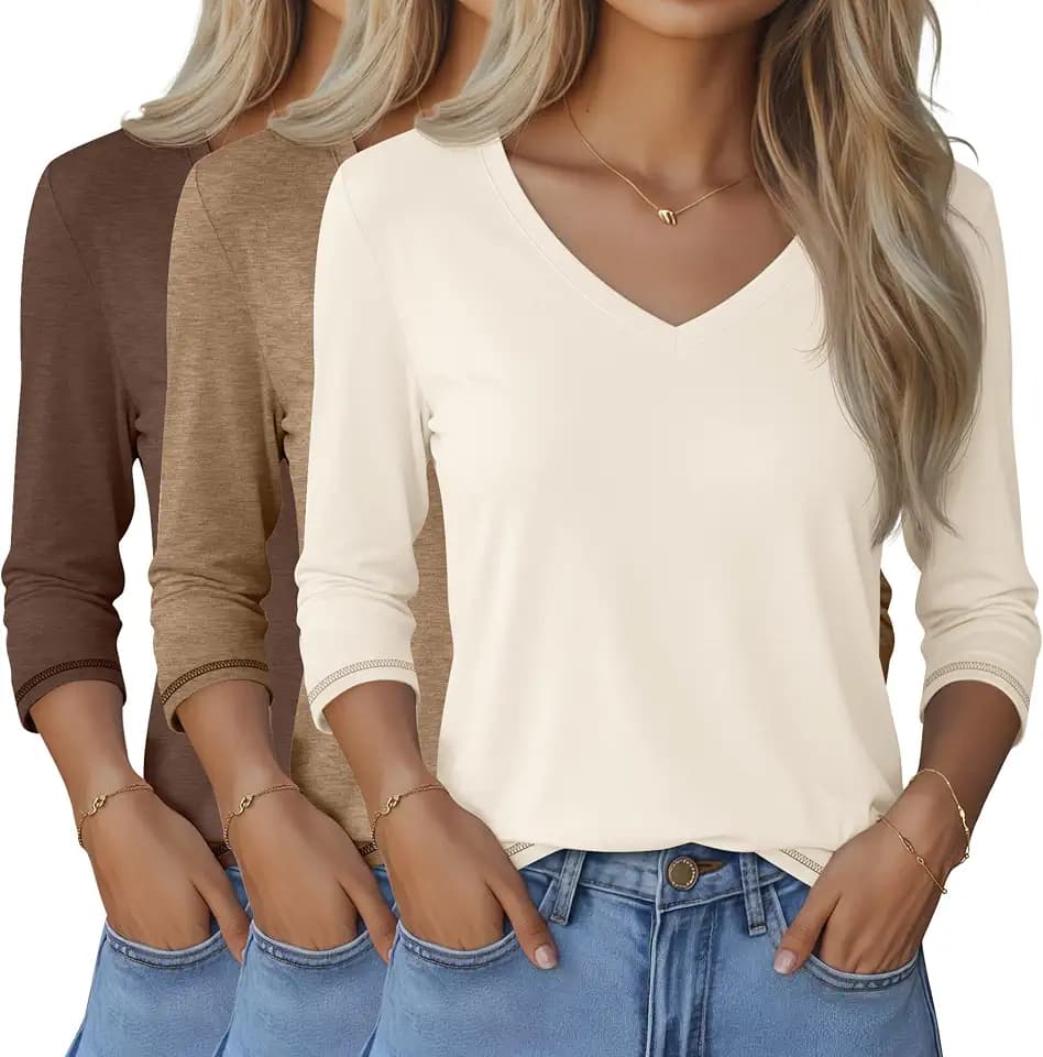 Ficerd 3 Pack Women's 3/4 Length Sleeve V Neck Tops