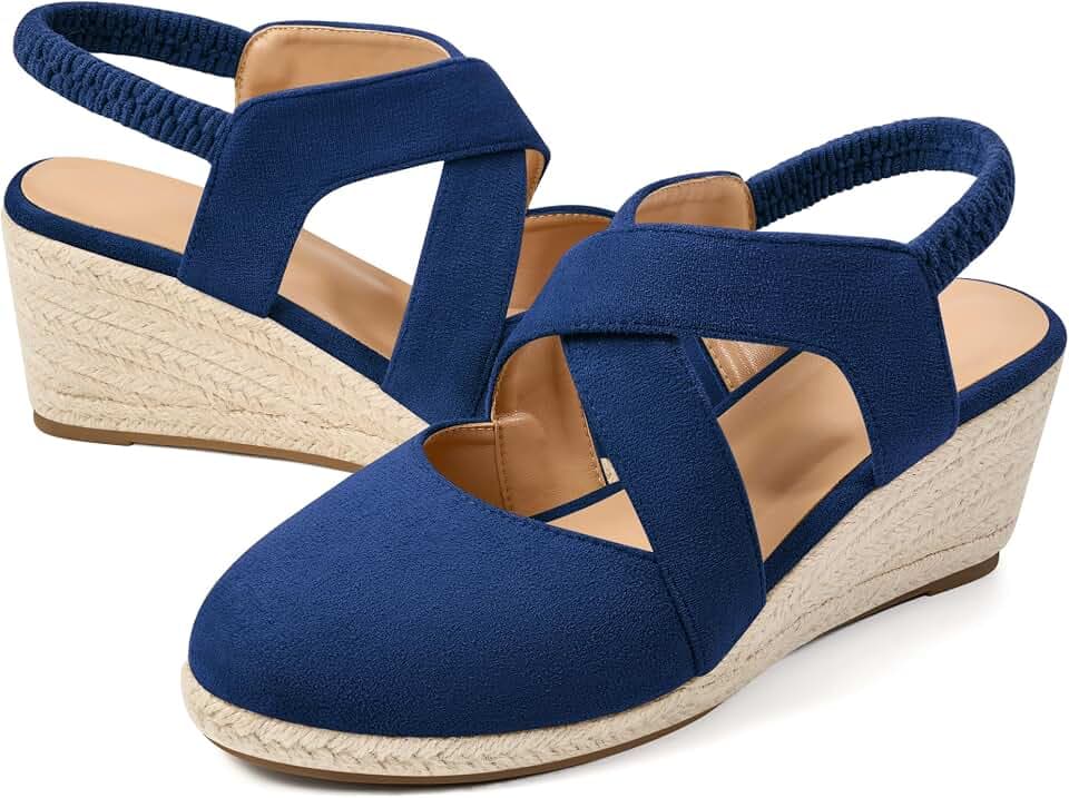 HARENCE Espadrilles Wedge Sandals for Women: Comfortable Closed Toe Ankle Strap Elastic Shoes Summer Dressy Platform Heels