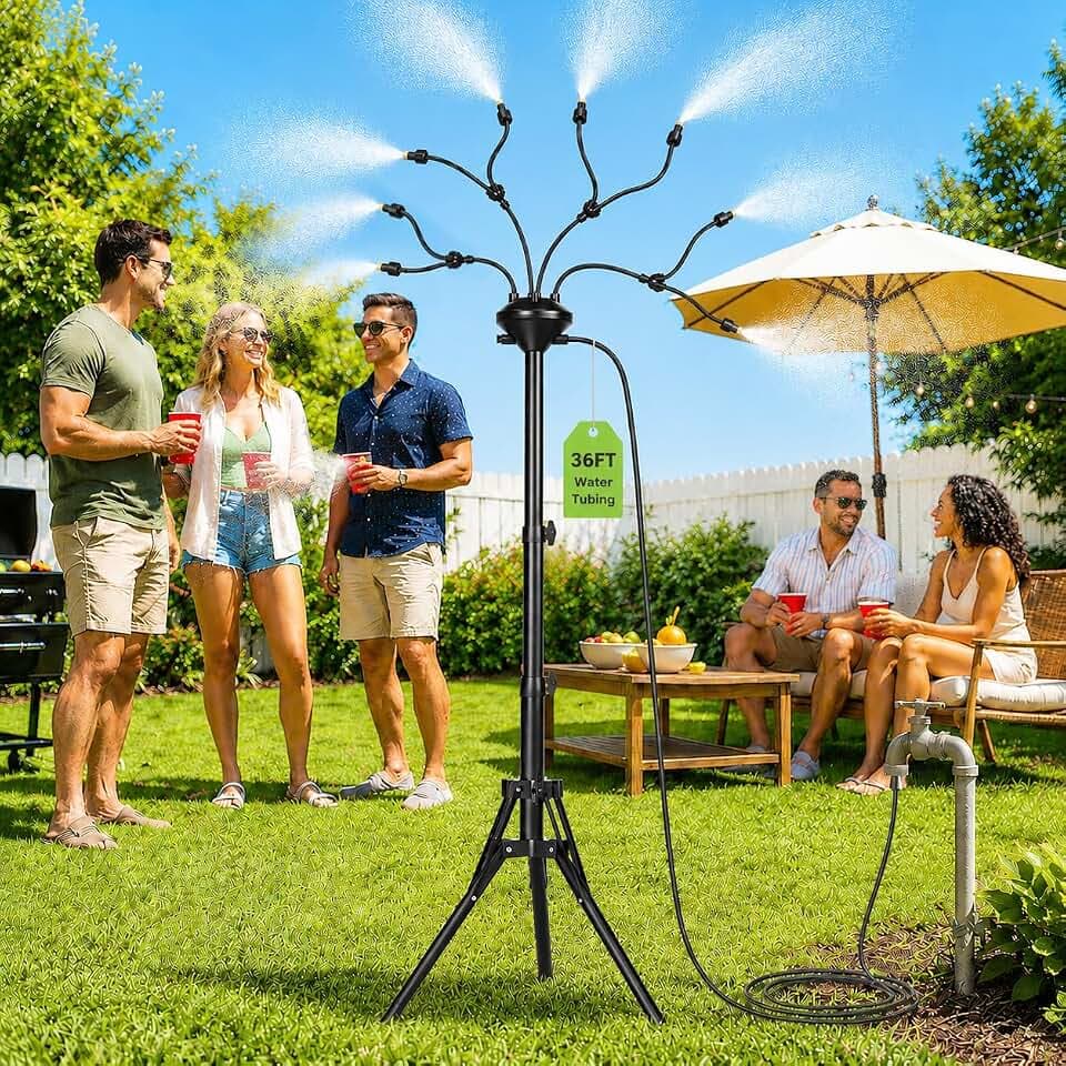 MIXC 8-Nozzles Standing Misters for Outside Patio, 2.6-5.3FT Adjustable Outdoor Misting Cooling System with 36FT Leak-Resistant Water Tubing, Portable Mister for Patio, Backyard & Pool