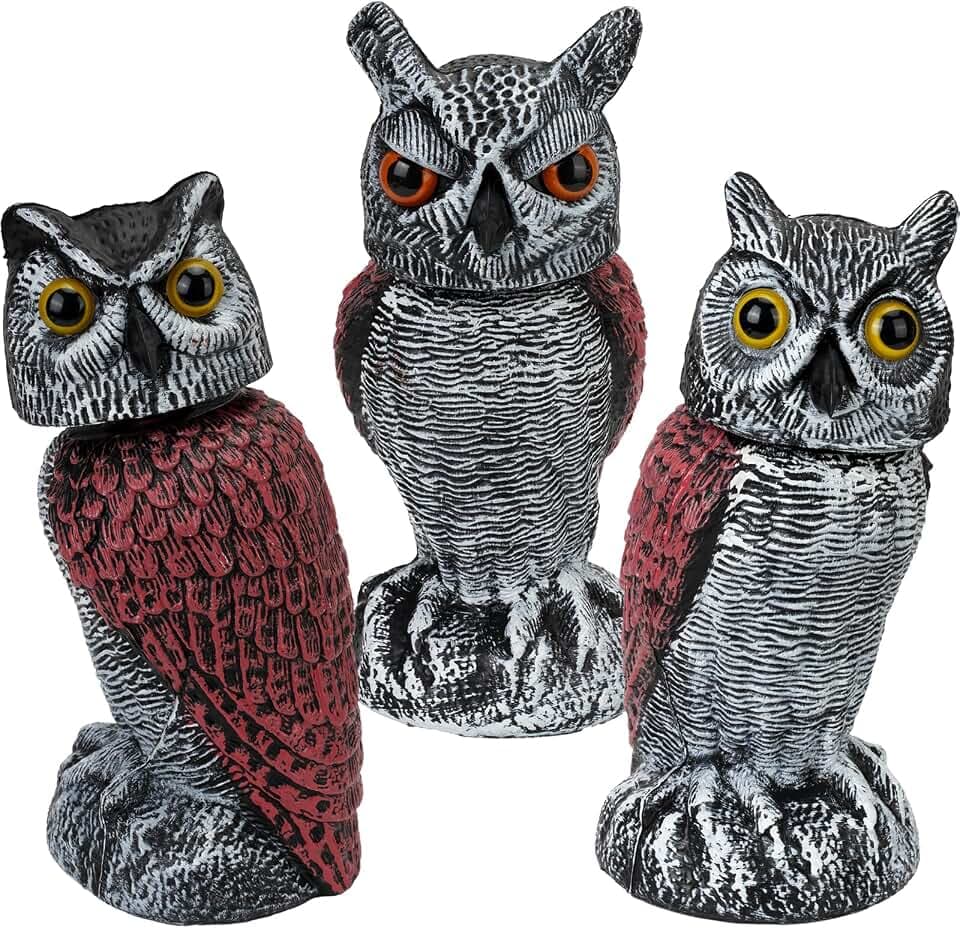 3-Pack Fake Owl Decoys to Scare Birds Away, Rotating Head Plastic Owl Bird Deterrents, Nature Enemy Scarecrow Plastic Statues, Pest Repellent for Gardens and Patios