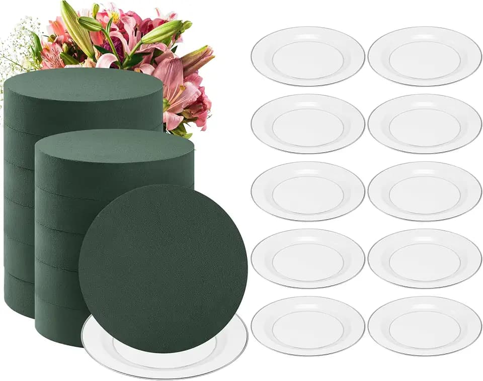 Threlaco 12 Sets Round Floral Foam with Clear Plastic Saucers, 7 Inches