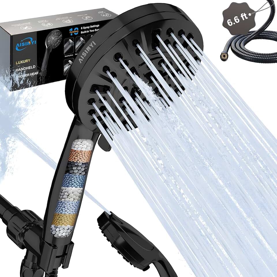 Filtered Shower Head with Handheld, High Pressure 10 Sprays, Black
