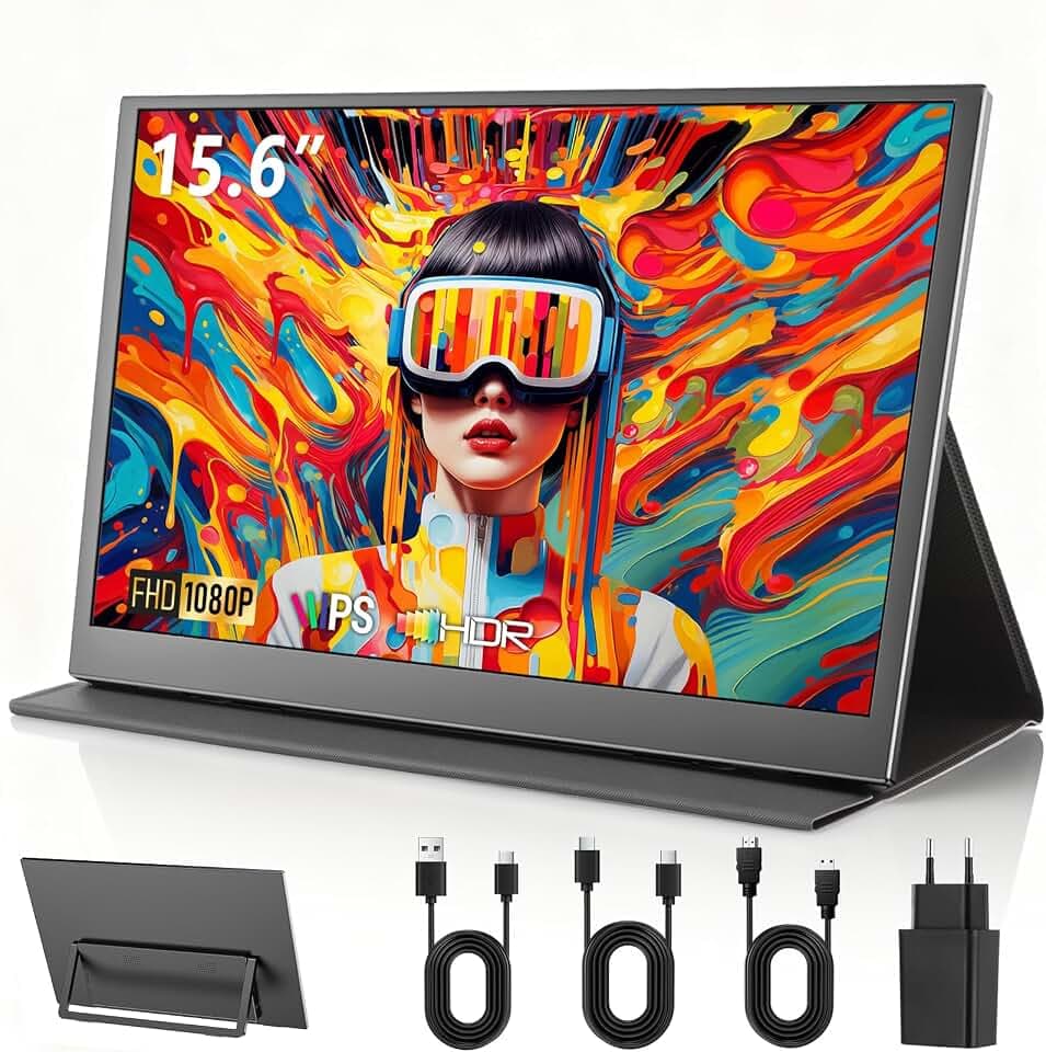 Portable Monitor 15,6 Zoll, 1920x1080P FHD IPS Entspiegelt | USB-C & Mini HDMI | Integrierte Lautsprecher & Schutzhülle mit Ständer | Zusatzbildschirm für Laptop, PC, Mac, Handy, PS5/4, Xbox, Switch
