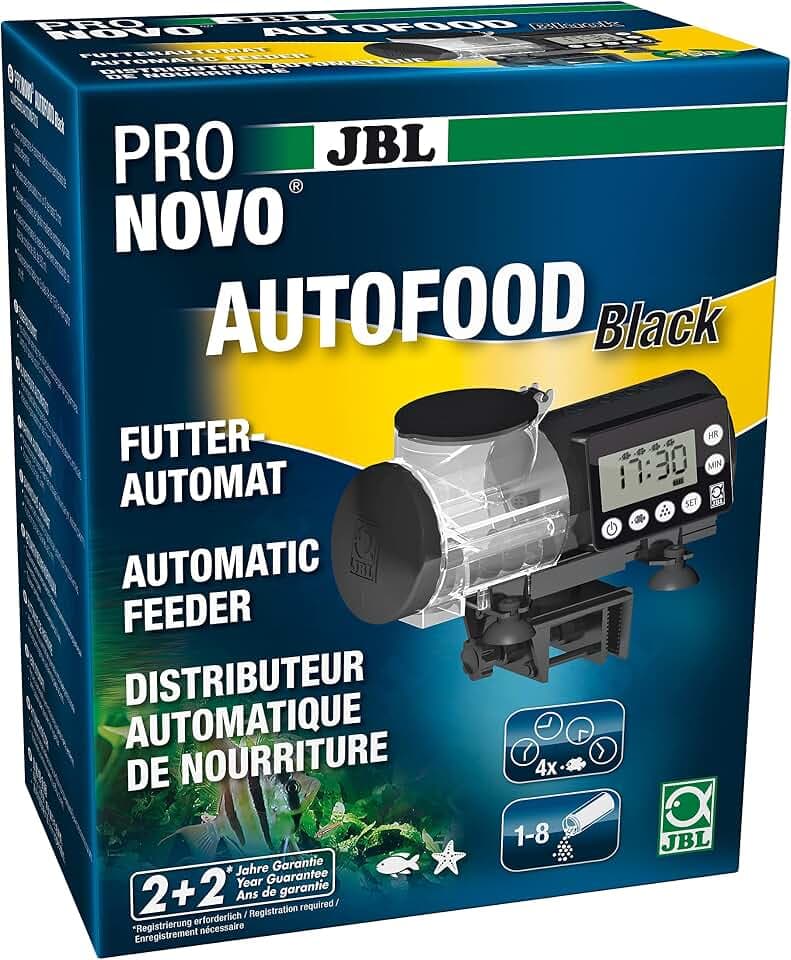 JBL PRONOVO AUTOFOOD, Futterautomat für Aquarium, Fütterung mit Fischfutter-Granulat bis zu 4x täglich, Inkl. Halterung und Adapterring zur Erweiterung des Volumens auf 375 ml, Schwarz