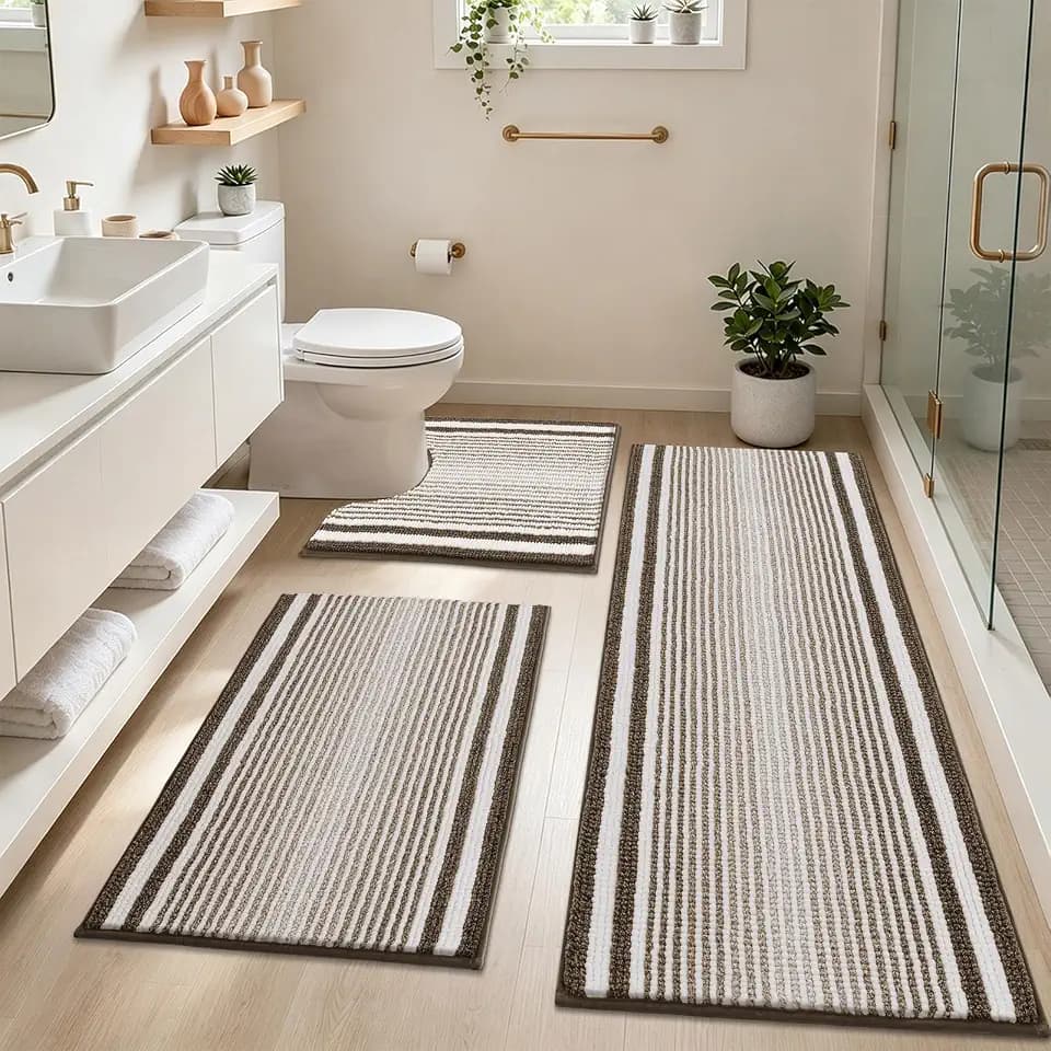 HEBE Chenille Bathroom Rugs Sets 3 Piece, Non Slip Washable Bath Mats Set