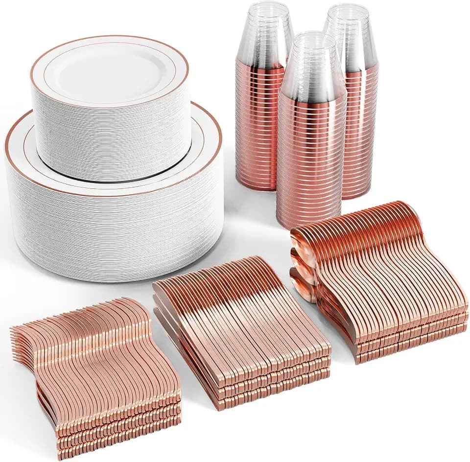 FOCUSLINE 600 Pieces Rose Gold Disposable Dinnerware Set for 100 Guests