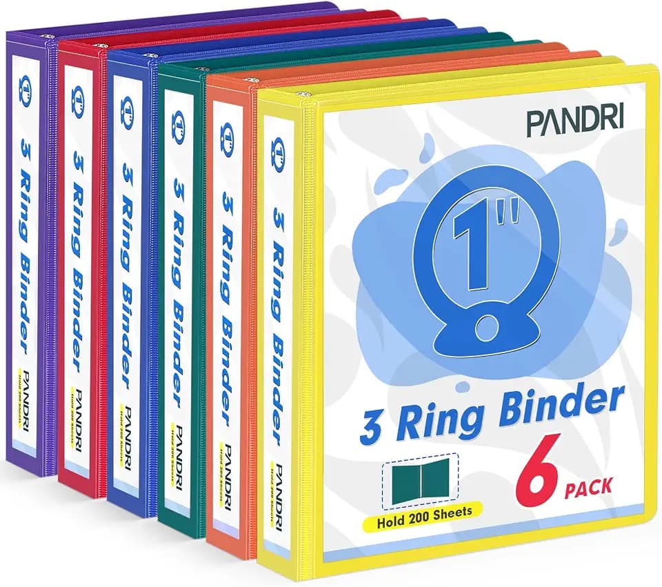PANDRI 6 Pack 1-inch 3 Ring Binders with 2 Interior Pockets, 6 Colors