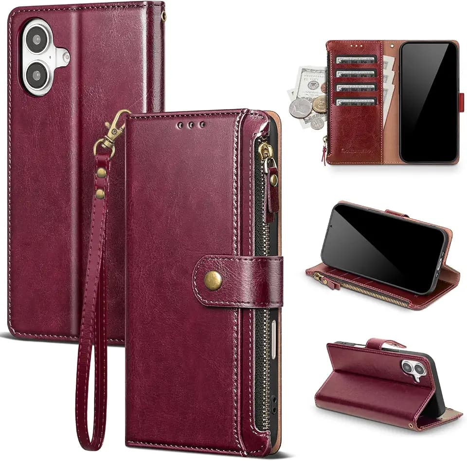 for iPhone 16 Wallet Case with Card Holder,Wine Red