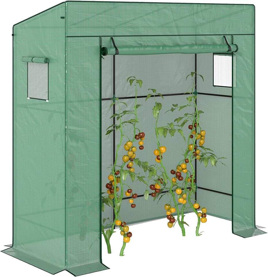 Outsunny Gewächshaus für den Garten, Wandbefestigung, mit 1 Rolltür, verstärkte PE-Plane, 2 Fenster, Maße: 196 x 77 x 197/188 cm