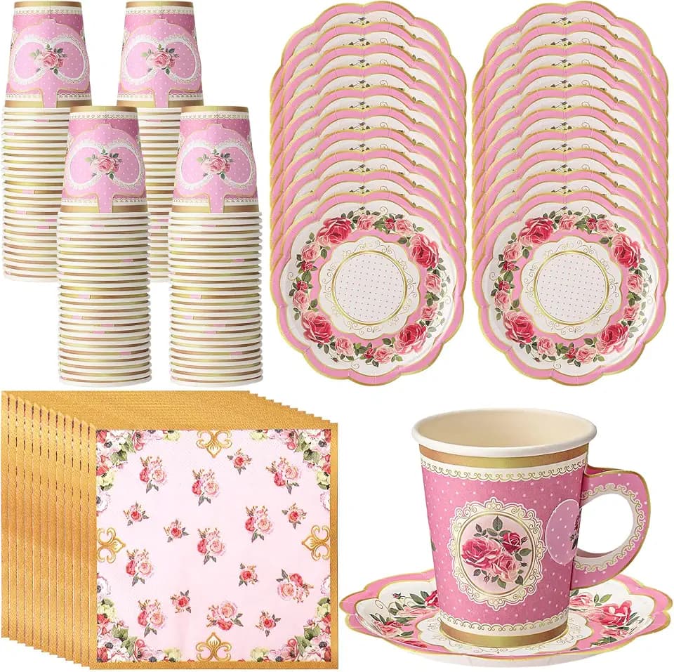 Vesici 150 Pcs Floral Tea Party Decorations for Table 9 oz Disposable Paper Tea Cups with Handles Plates, Saucers and Napkins Set for Spring Party Girl Birthday Wedding Mothers Day(Vivid Style)