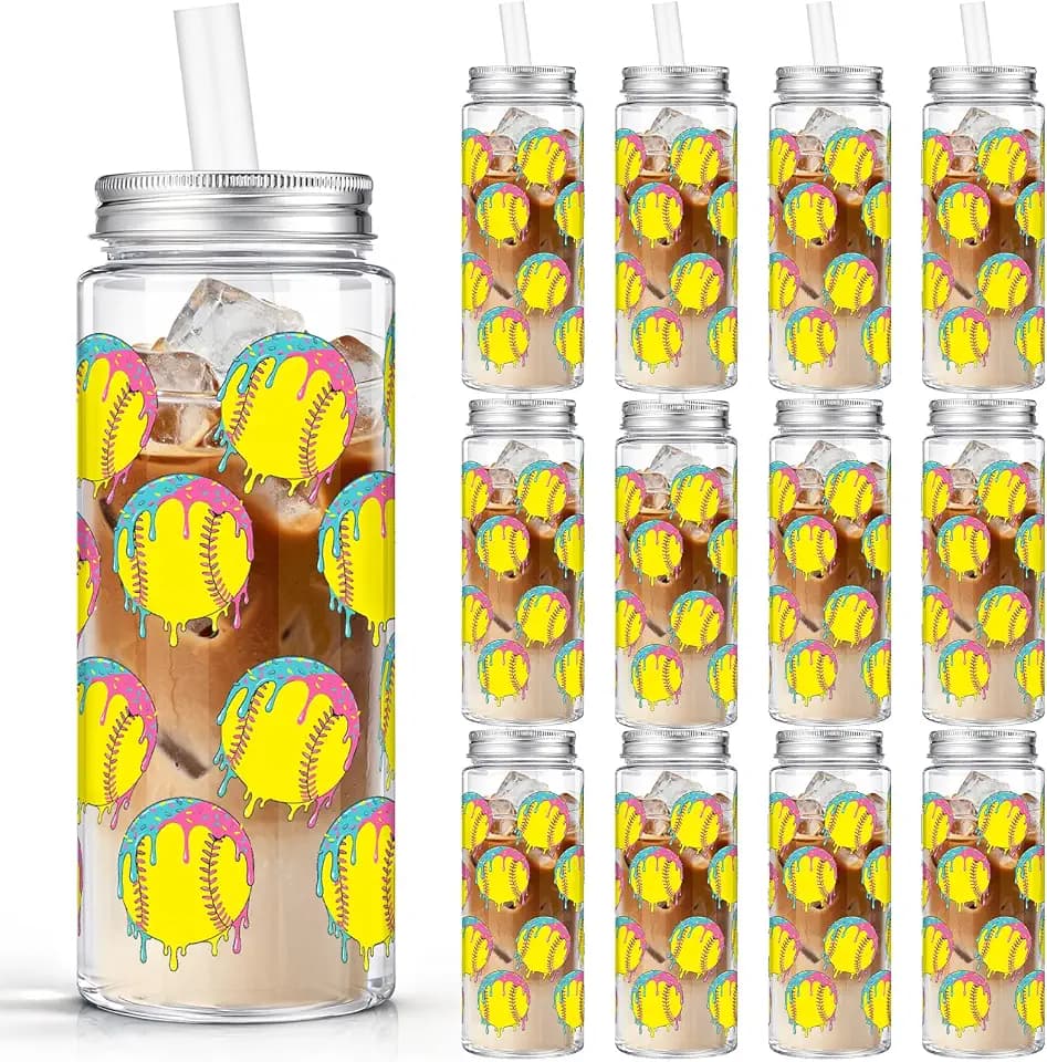 Vesici 24 Pcs Ice Cream Softball Cups with Lids Straws, 14.2oz Plastic