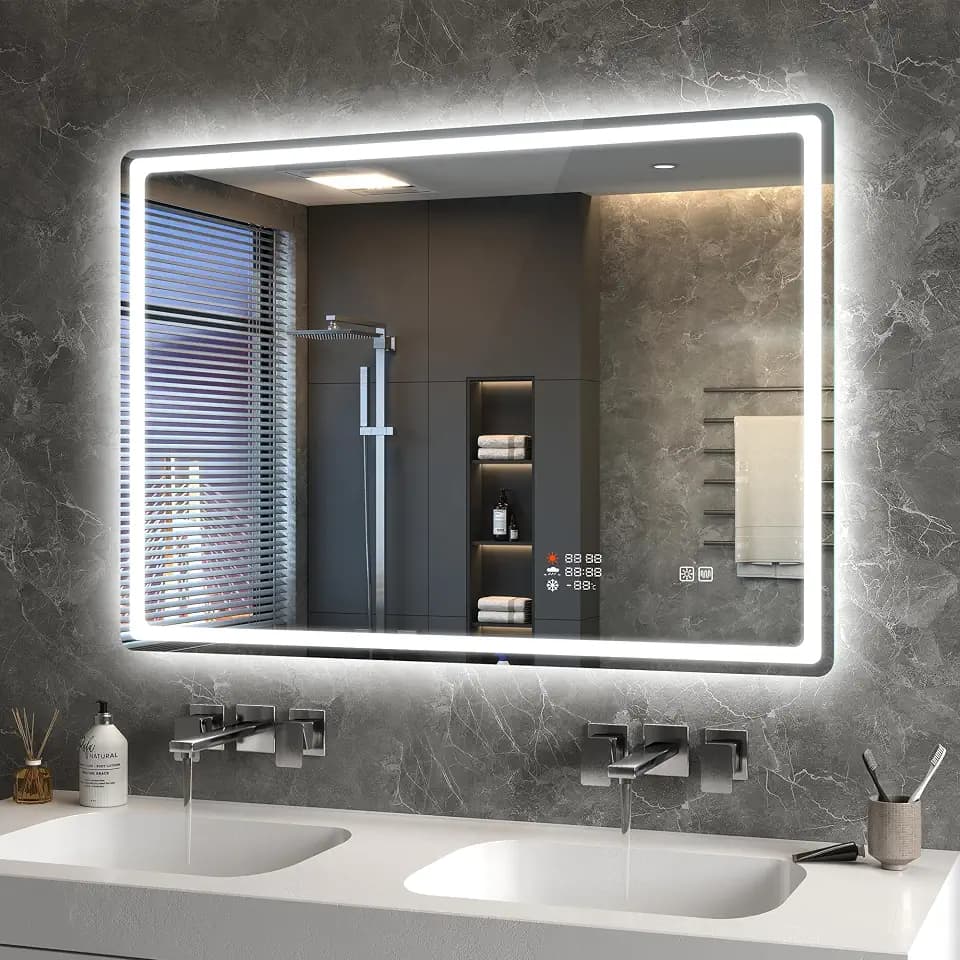 S'bagno 100x70cm Badspiegel-mit-Beleuchtung,Wetter, Datum, Zeit，Temperatur