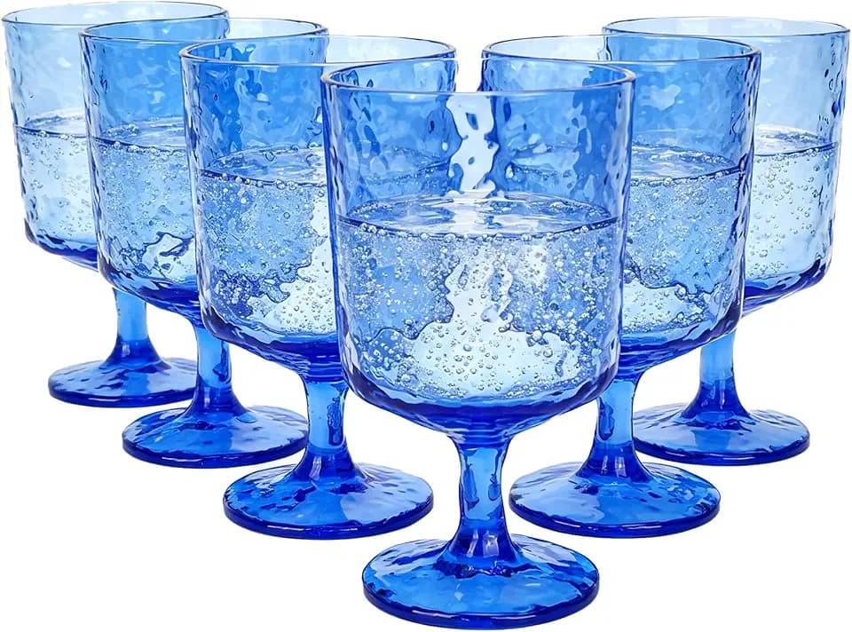 Set of 6 Plastic Stem Wine Glasses Tumbler, 11 Ounce Iceberg Acrylic Wine Glasses for All Purpose Party, BPA Free and Durable (Blue)
