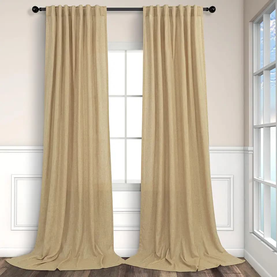 Burlap Color Curtains 84 Inch Length for Living Room 2 Panels Back Tab Pocket Primitive Drapes Flax Linen Country Cotton Light Filtering Sheer Tan Brown Curtains for Bedroom Farmhouse Decor 7 FT Long