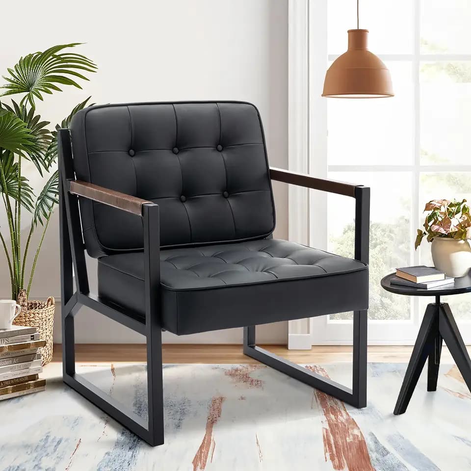 COLAMY Mid Century Moderner Akzentstuhl 1er Set, bequemer Wohnzimmersessel mit Metallbeinen, Kunstleder Empfangssessel für Wohnzimmer, Schlafzimmer, Empfangsbüro, Schwarz
