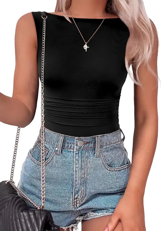 SAUNGKUAI Women's Sleeveless Shirts Mesh Ruched Bodysuit Double Lined Boat Neck Body Suits Going Out Tops Date Outfits