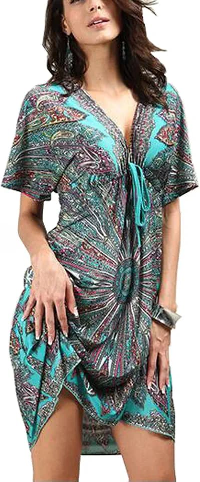 Ladies Beach Wraps and Cover ups 2019 Women's V-Neck Bohemia Beach Dress Short Sleeves Boho Swimwear for Holiday Beachwear Bikini Bathing Suit