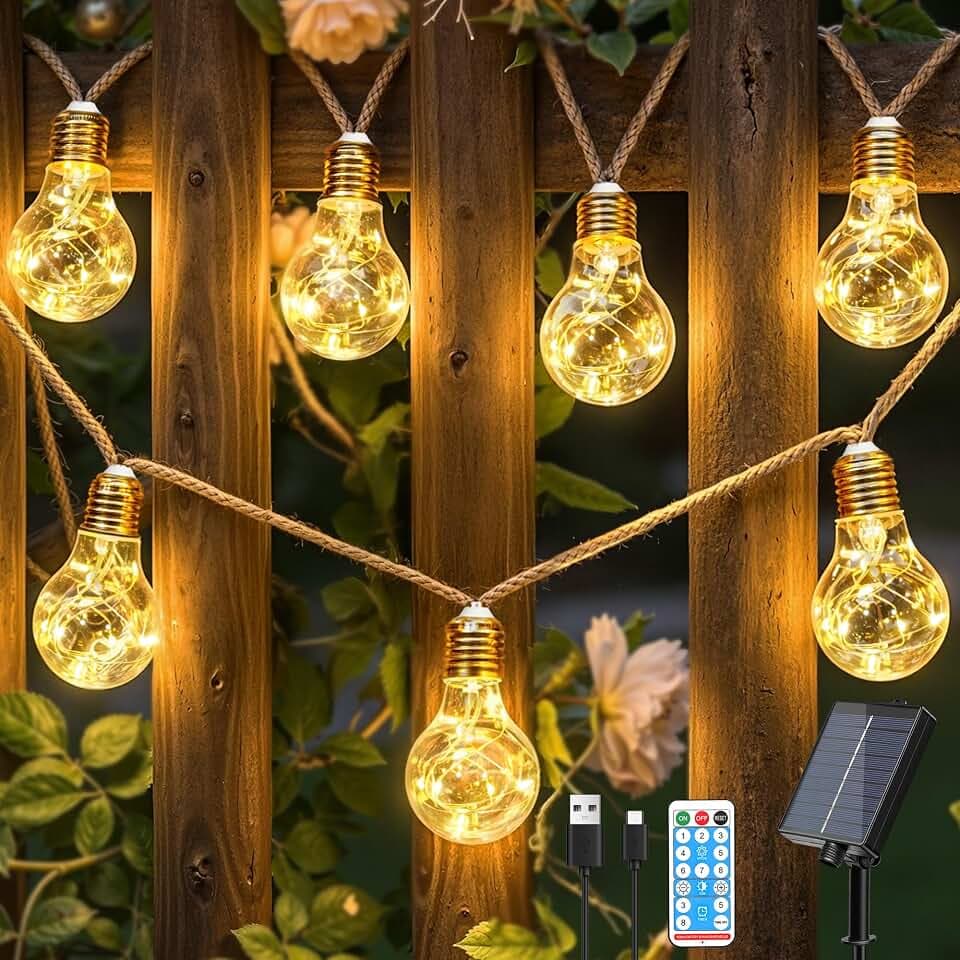 Ollny Solar Lichterkette Aussen mit 24 Glühbirnen 12m Lichterketten Außen