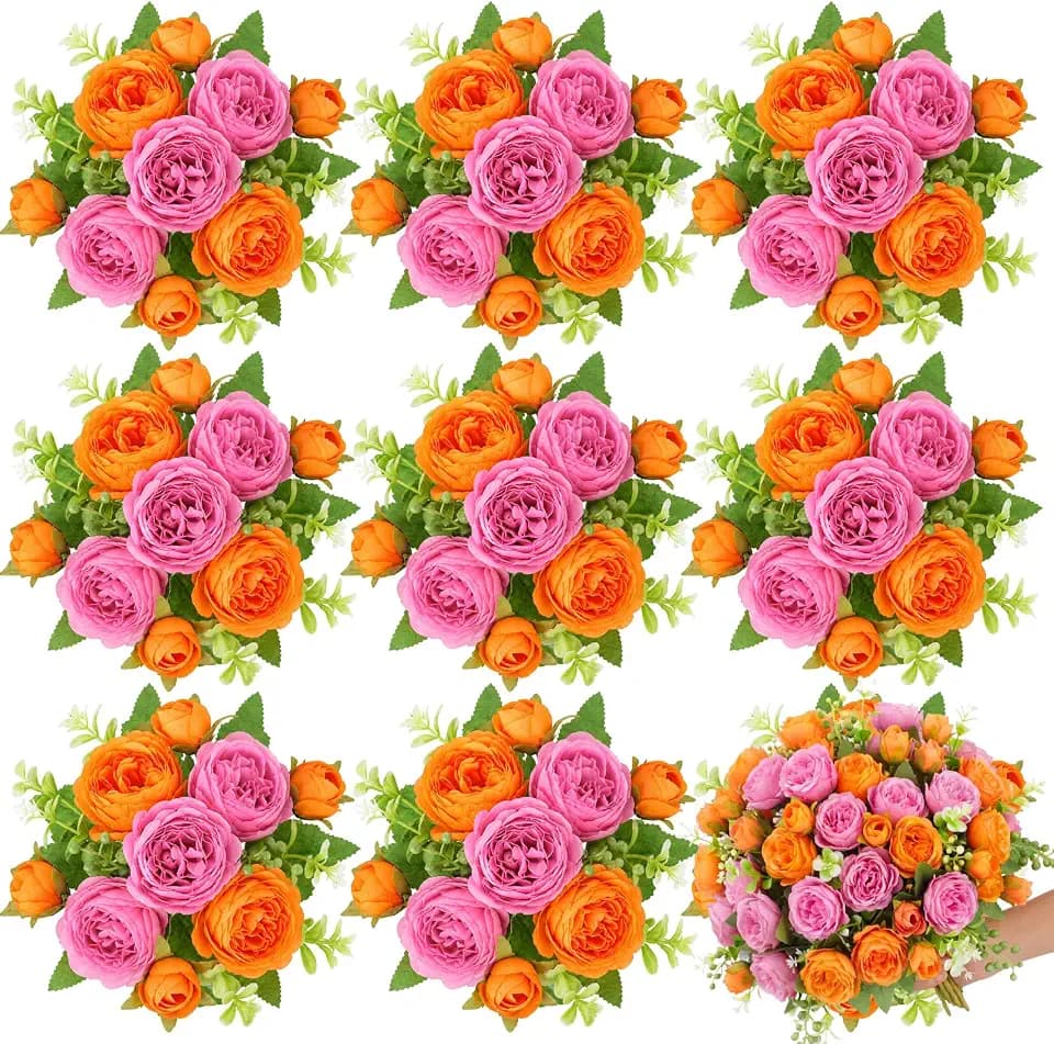 8 Bundles Artificial Peony Centerpiece Flowers,Hot Pink, Orange