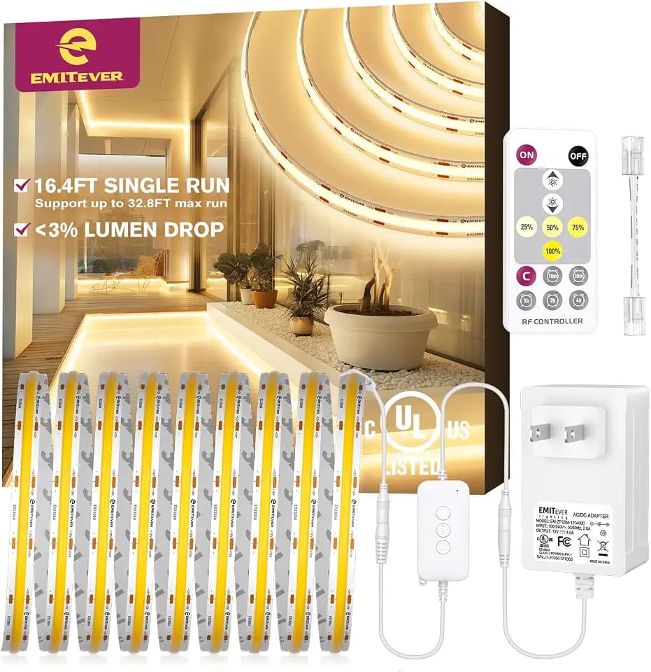 EMITEVER COB LED Strip Lights Kit 12V 3000K, 16.4ft/5m, 2400LEDs, UL Listed