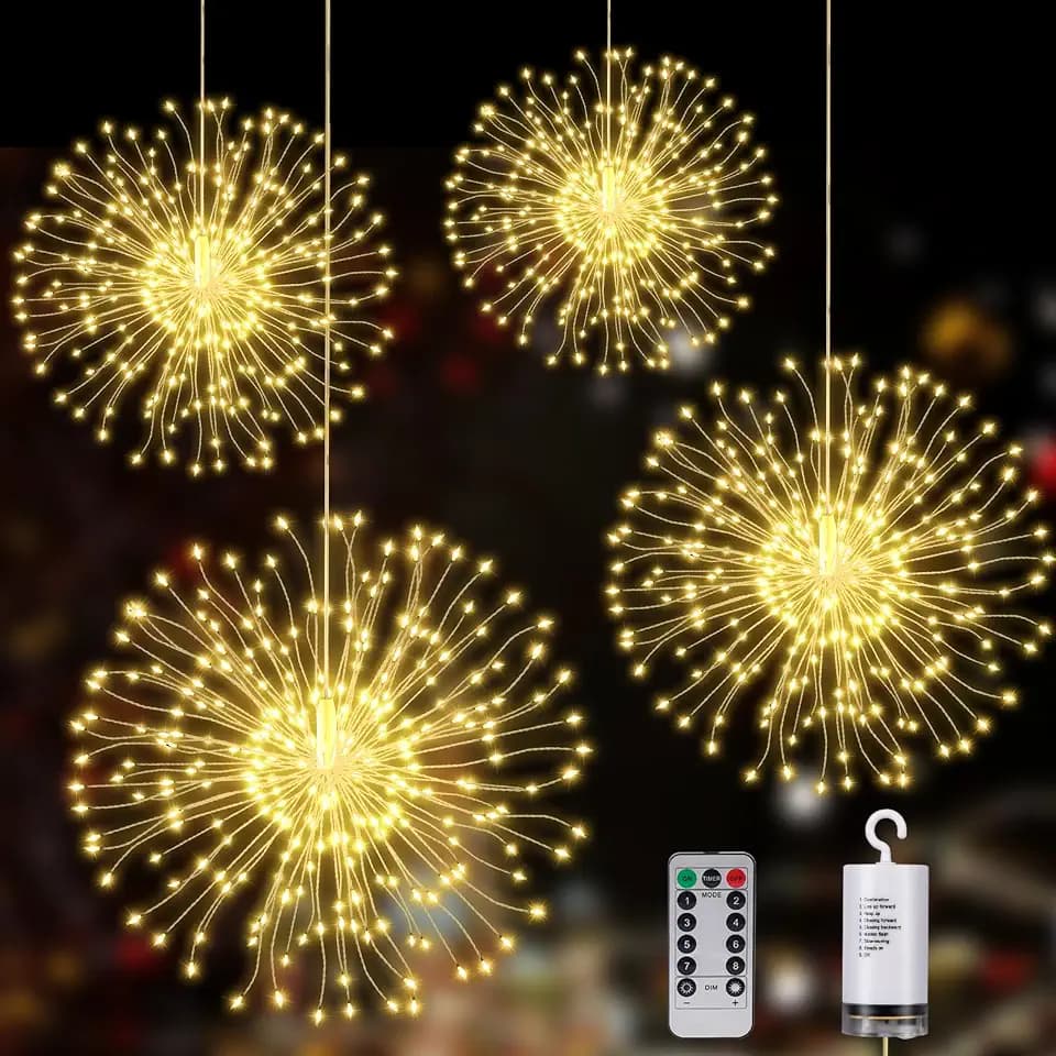 MOMOSTAR LED Lichterkette Feuerwerk, 150 LED Feuerwerk Licht Außen, Lichterstern mit 8 Modi Fernbedienung, Wasserdicht LED Gartenleuchten, Lichter für Innen Außen Garten Weihnachten (4PCS)