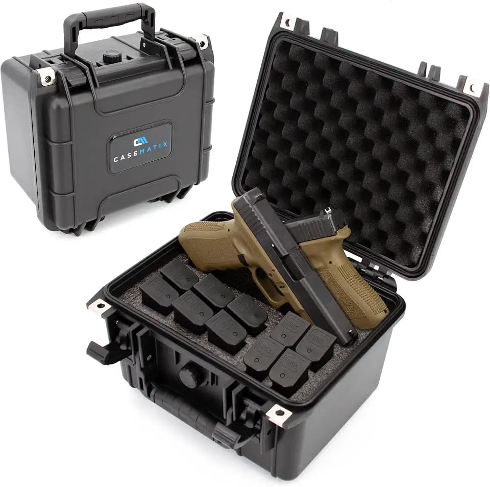 CASEMATIX 10" Two Gun Hard Case – TSA Approved Waterproof Double Handgun Case with Oil-Resistant Foam, Removable Accessory Compartment, Fits 2 Handguns & 10 Pistol Magazines – Secure Pistol Storage