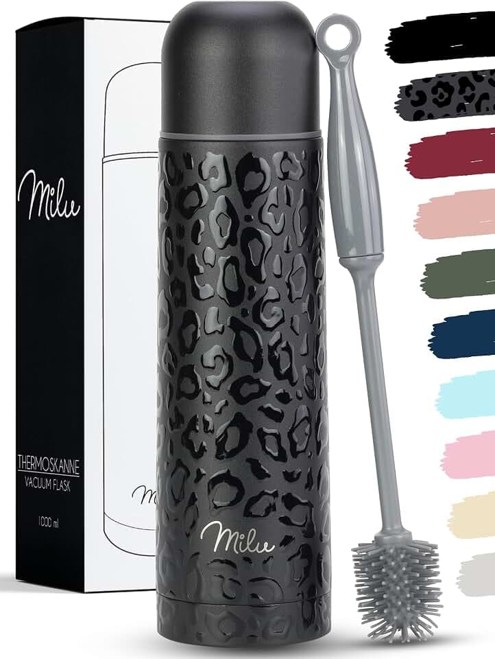 Milu Thermosflasche Thermoskanne Isolierflasche 1L, 750ml, 500ml - Isolierte Edelstahl Trinkflasche, 100% Auslaufsicher, Doppelwandisolierung (Schwarz Leopard, 750ml)