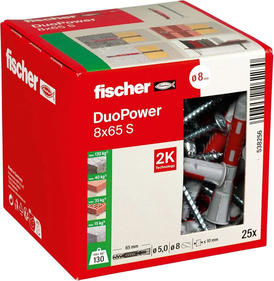 fischer DuoPower 8 x 65 S, Universaldübel mit Schraube, 2-Komponenten-Dübel, Kunststoffdübel zur Befestigung in Beton, Ziegeln, Stein, Gipskarton uvm., 25 Dübel + 25 Schrauben