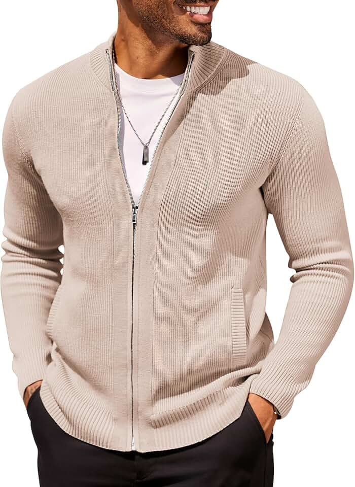 COOFANDY Mens Zip Up Cardigan Sweater Slim Fit Casual Full Zipper Sweaters
