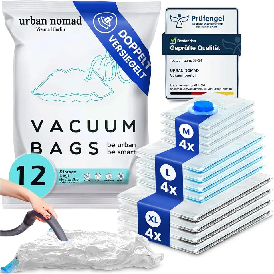 Vakuumbeutel Kleidung 12er Set 3 Größen - Vakuum Beutel für Staubsauger Wiederverwendbar 100% Dicht & Robust | Reise Kompressionsbeutel Kleiderbeutel Aufbewahrungsbeutel Vakuumtüten Kleidersack XL