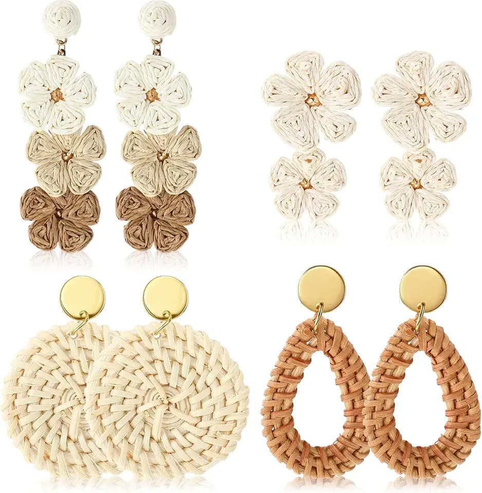 Sumind 4 Pairs Natural Raffia Earrings for Women Vacation