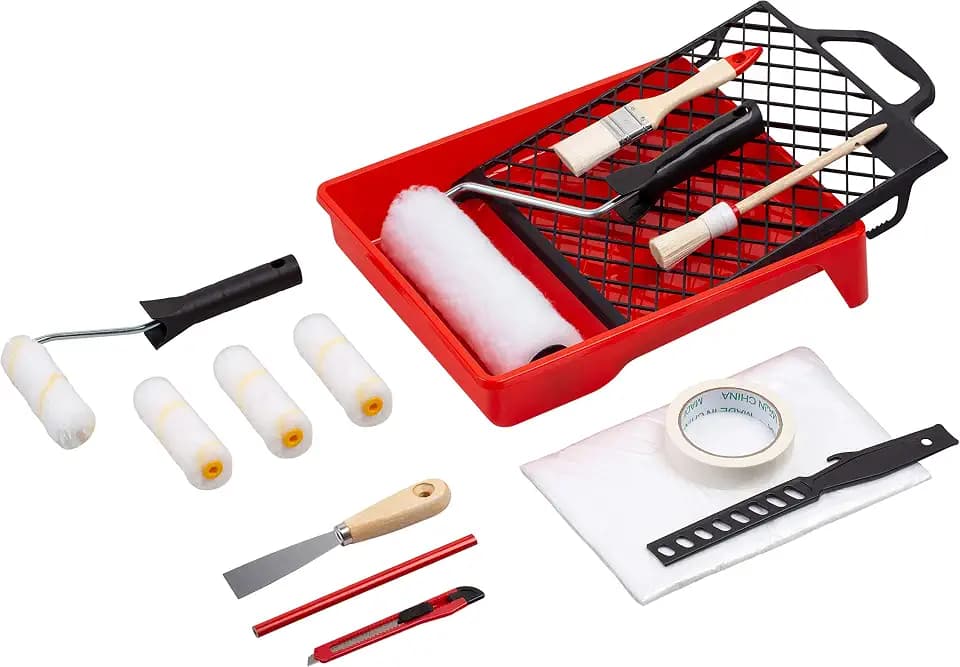 Renovierungs-Set 17-teilig - Umfangreiche Werkzeuge & Hilfsmittel zum Renovieren & Streichen - Mit Farbwalzen, Pinseln, Farbwanne, Abdeckmaterial & Co / Malerbedarf / Maler-Set / B21626