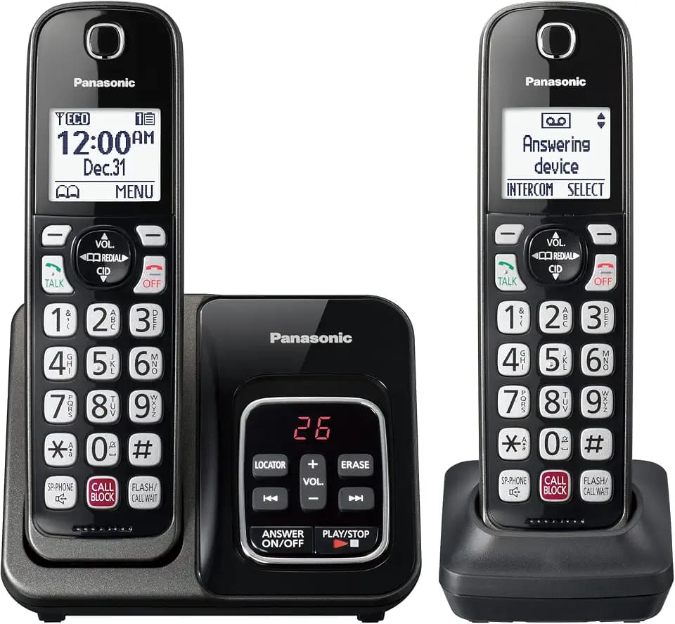 Panasonic Cordless Phone with Answering Machine, 2 Handsets Landline Phone