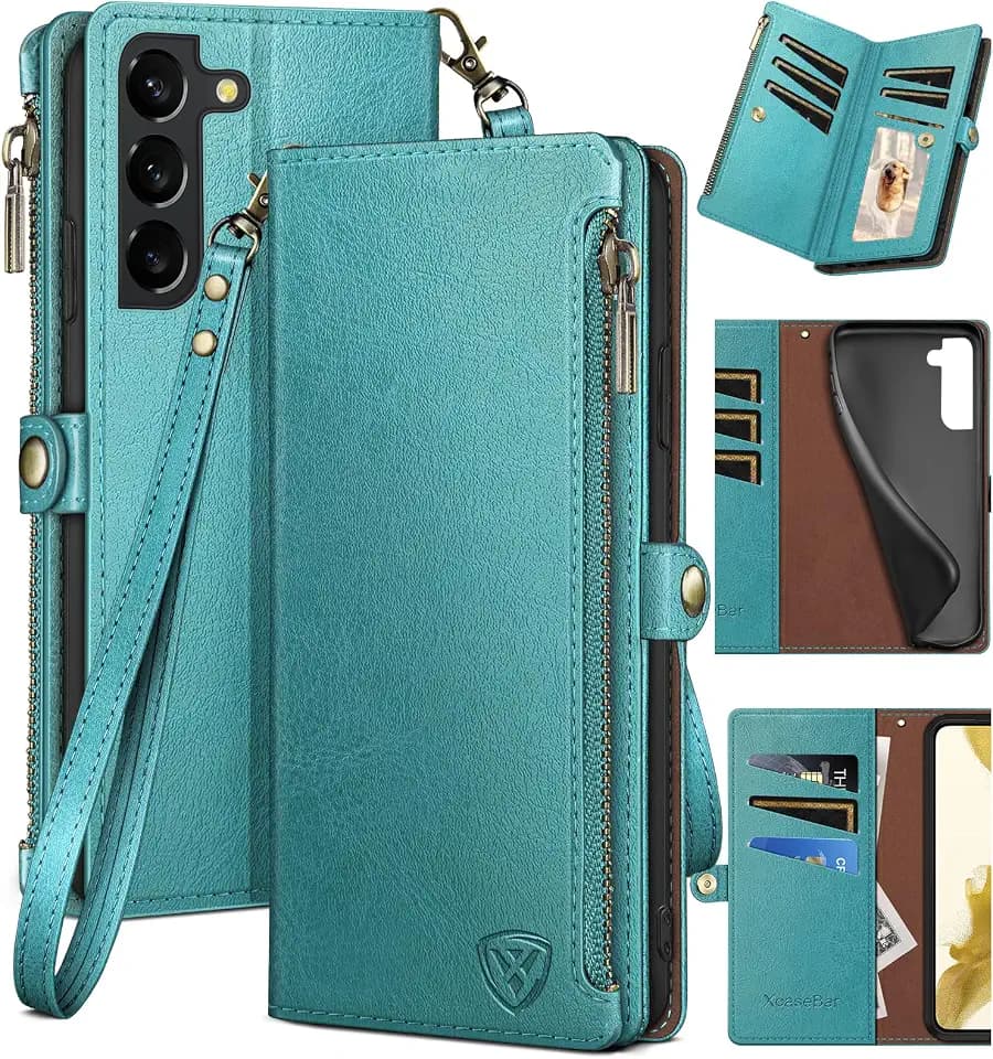 XcaseBar for Samsung Galaxy S22 Plus Wallet case with Zipper Credit Card Holder【RFID Blocking】, Flip Folio Book PU Leather Phone case Shockproof Cover Women Men for S22 Plus case Blue Green