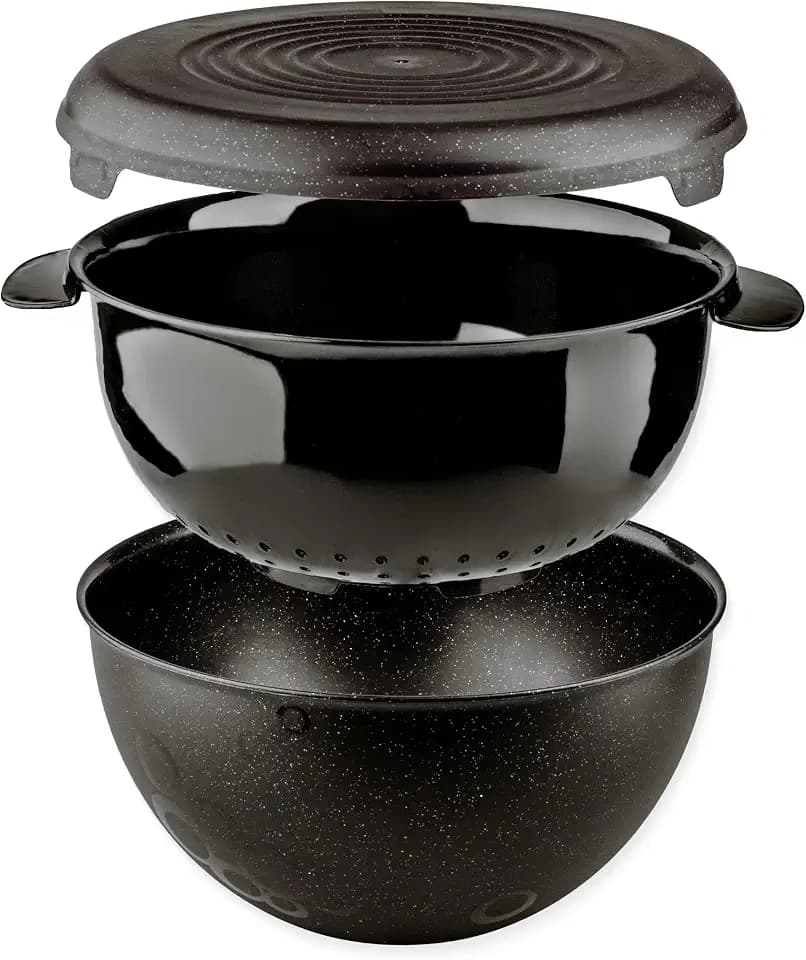 Salat Schüssel Set Mit Sieb Und Deckel, 3 Teilig Schwarz, 3L Küchenset, Kunststoff Große Plastikschüssel Küchensieb Salatschüssel