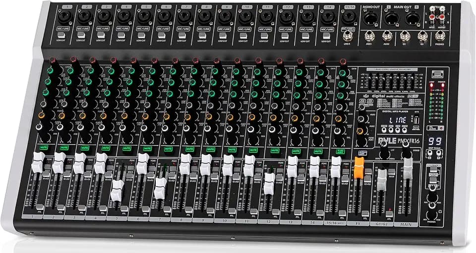 Pyle 16 Channel Professional DJ Mixer Controller - 7-Band Graphic EQ, 99 DSP Effects, Bluetooth, USB Recording, +48V Phantom Power, XLR Inputs, Low Cut Filters, Faders - PMXFR16