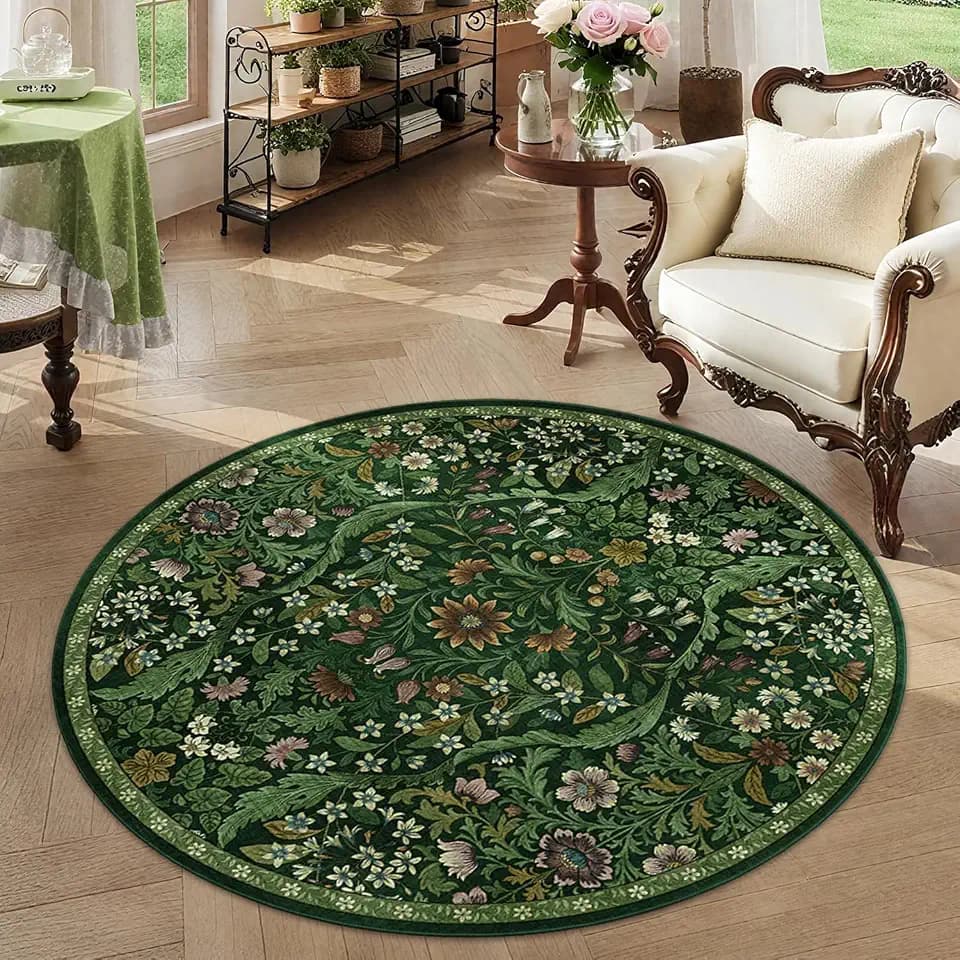 Round Rug 4ft Floral Circle Rug Green Botanical Indoor Area Rug