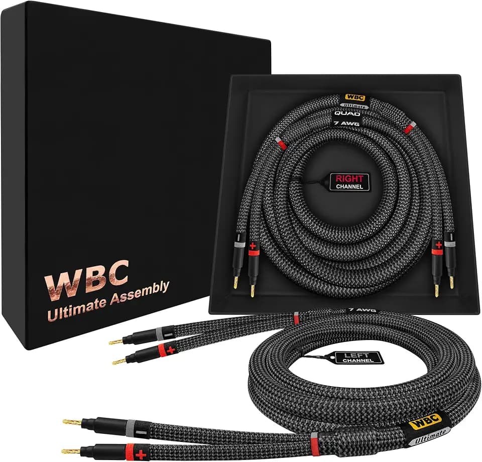 WORLDS BEST CABLES 20 Foot Ultimate - 7 AWG - Ultra-Pure OFC – Extra Premium Audiophile HiFi Speaker Cable Pair with Eminence Gold Banana Plugs & Carbon Tweed Jacket