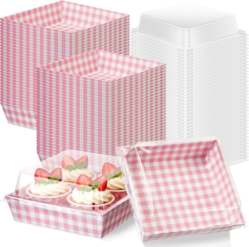 Potchen 100 Pack Pink Plaid Charcuterie Boxes with Clear Lids – Pink & White Bakery Gift Boxes with Window for Cookies, Candy, and Mini Cakes – Ideal for Summer Gift Giving & Bakery Packaging
