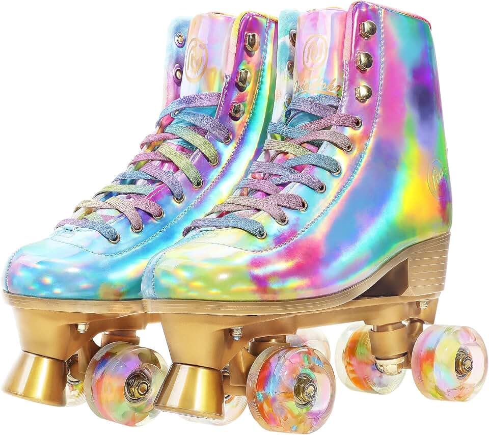 JajaHoho Roller Skates for Women, Holographic High Top Classic Rollerskates Shiny Double-Row Glitter Wheels Quad Skates for Girls, Indoor & Outdoor