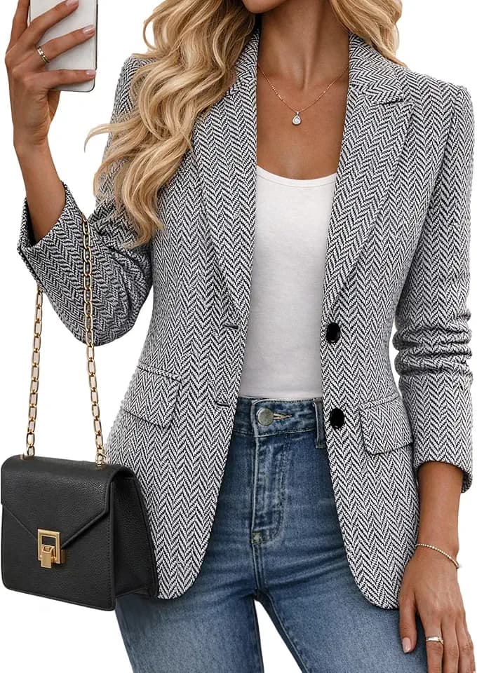 Mina Self Womens Fall Herringbone Blazer Tweed Pliad Jacket Business Casual