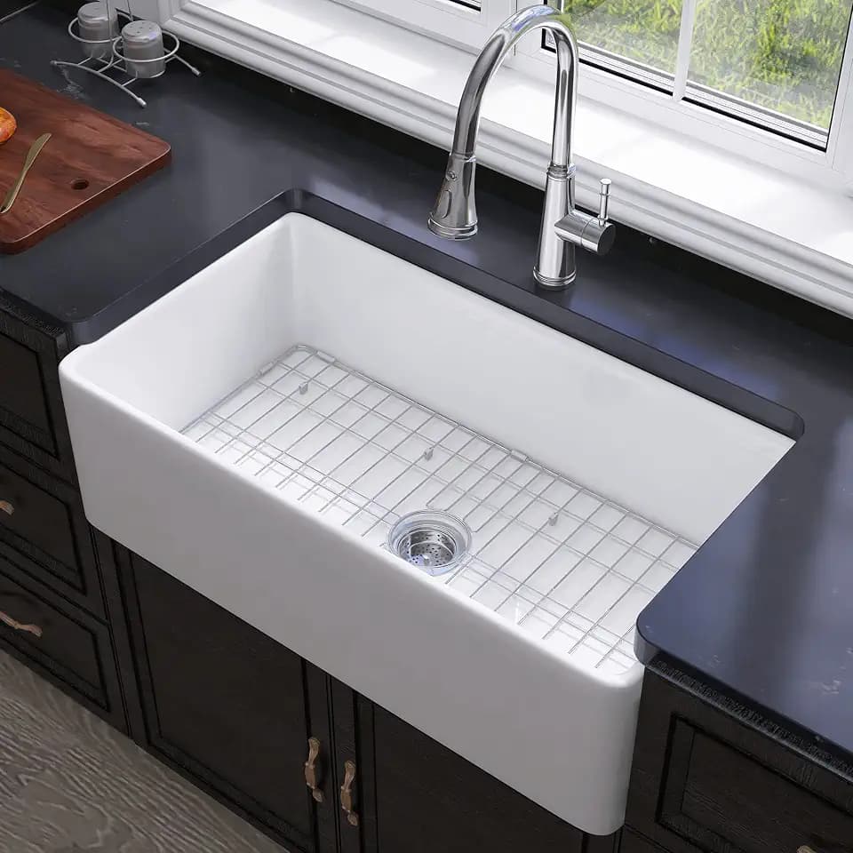 Miuara Farmhouse Sink 33 x 18 Inch White Fireclay Apron Front Kitchen Sink