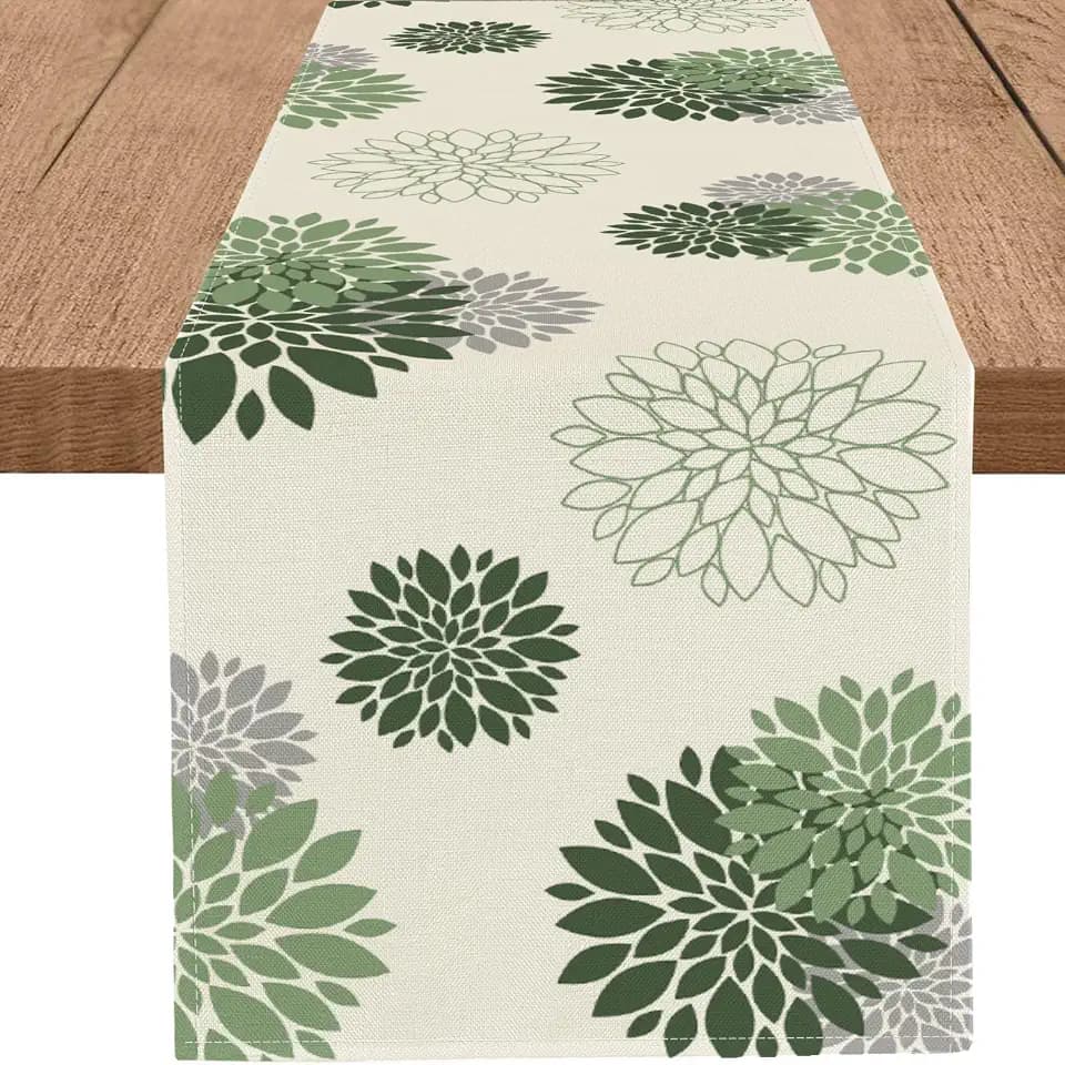 Sage Green Gray Table Runner Dahlia Pinnata Flower Beige Table Runners Modern Elegant Pompon Farmhouse Geometric Table Center Decor for Girls Room Dining Party Patio (13 x 108 Inch)
